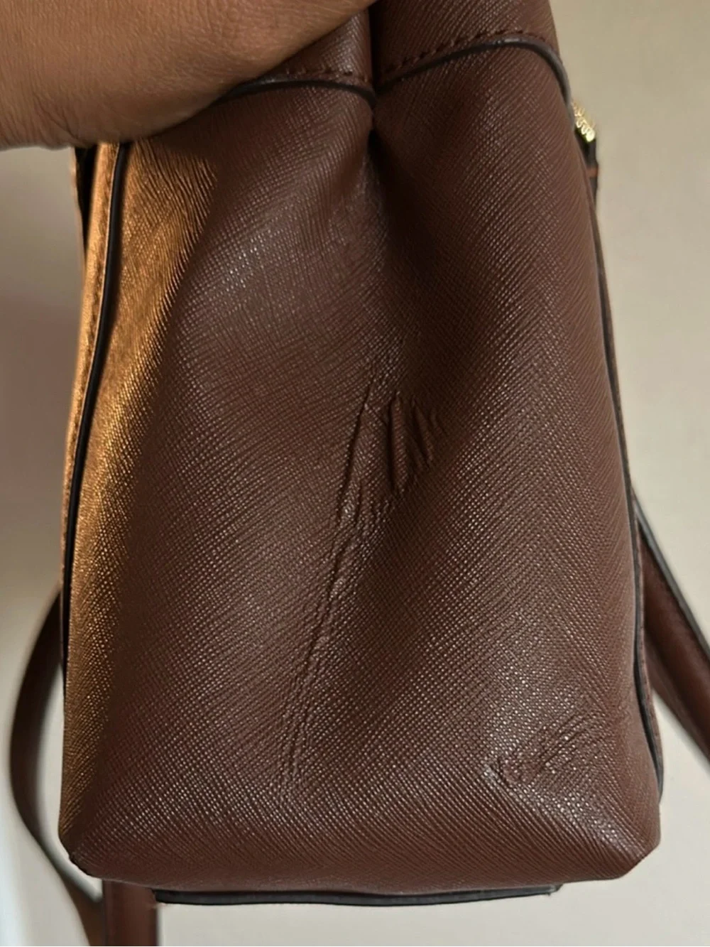 Calvin Klein Chocolate Brown Saffiano Shoulder Bag with Gold Hardware